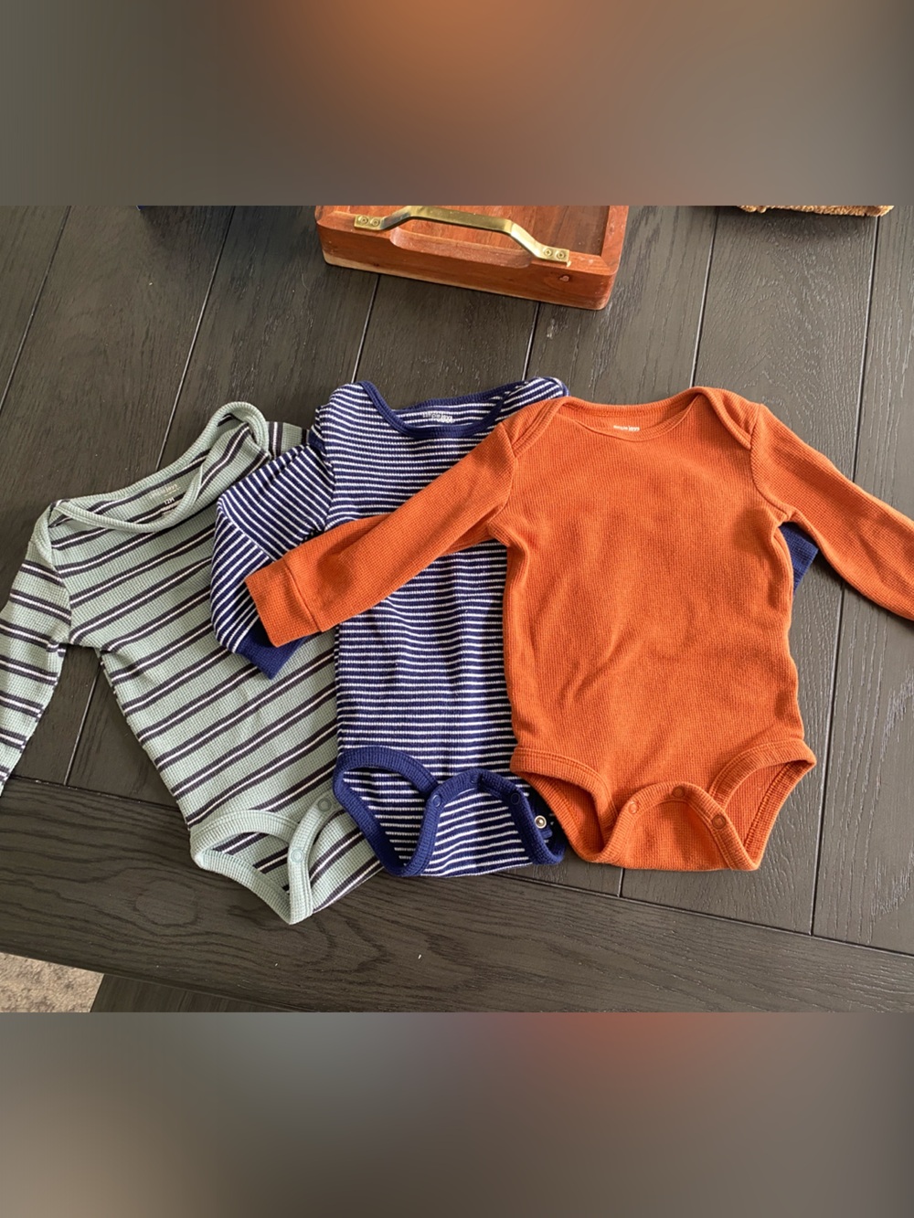 Set of 3 Long-Sleeve Baby Bodysuits - Rust, Navy Stripe, Sage Stripe